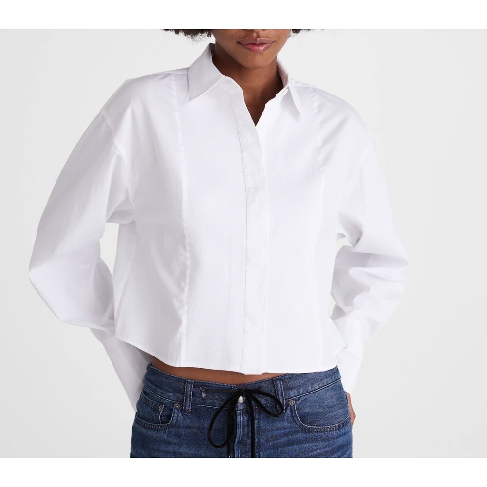 Madewell Straight-Hem Tuxedo Shirt Women XXS White Pique Bib Cotton Poplin Boxy - Picture 1 of 8